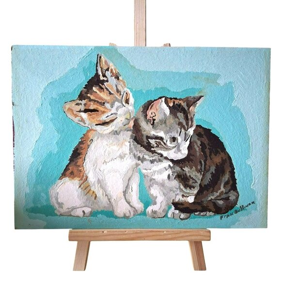 Vintage Hand Painted Oil Painting Of Two Kittens On Board Artist Fran Sullivan